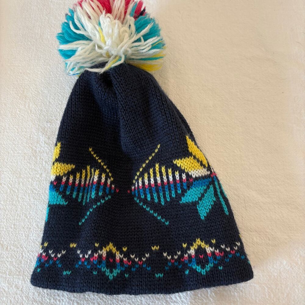 Vintage Smiley Pure Wool Nordic Ski BeaniePom PomHat Made in USA Sparks NV